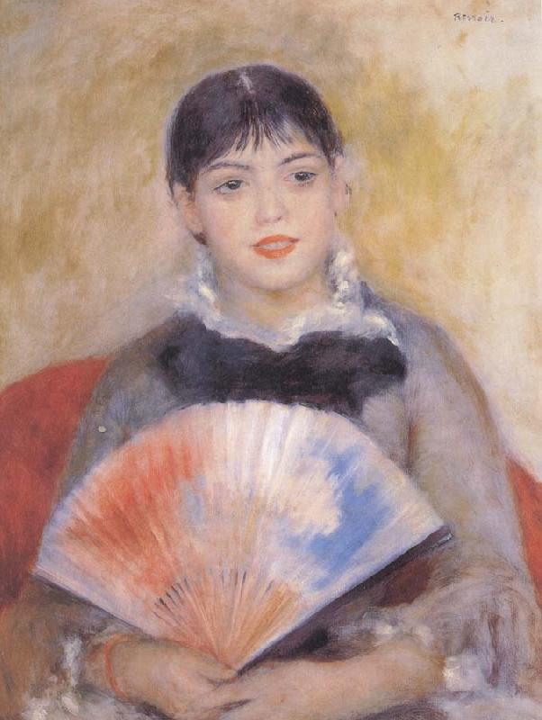 Pierre Auguste Renoir girl witb a f an oil painting picture